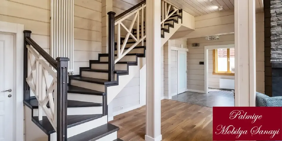 Custom wooden staircase with handrail