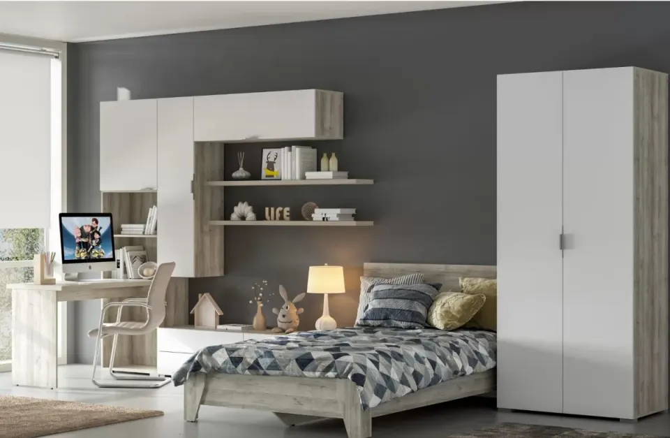 White wardrobe, glowing bedside lamp and grey oak bed in the dorm room set