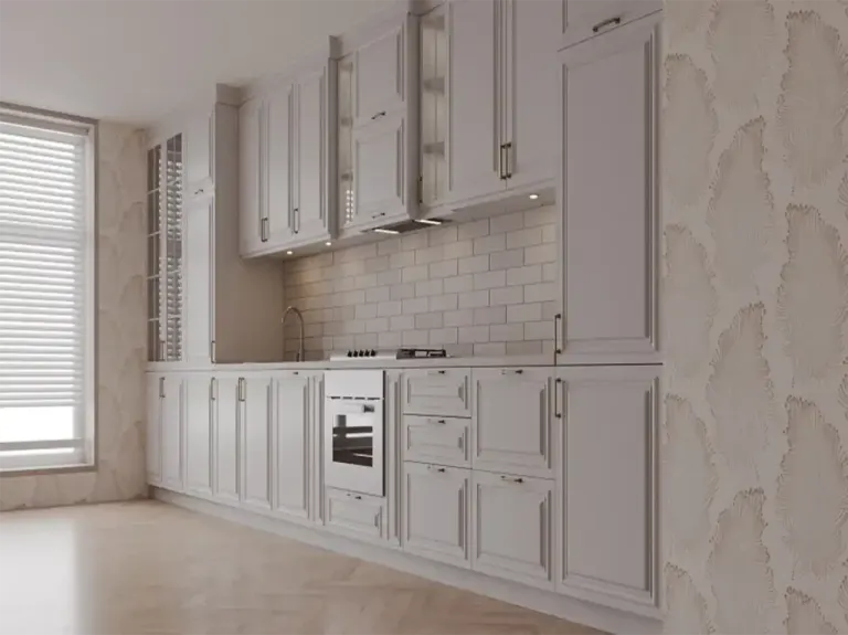 White framed-door classic kitchen with brick-pattern backsplash, glass wall units and built-in oven