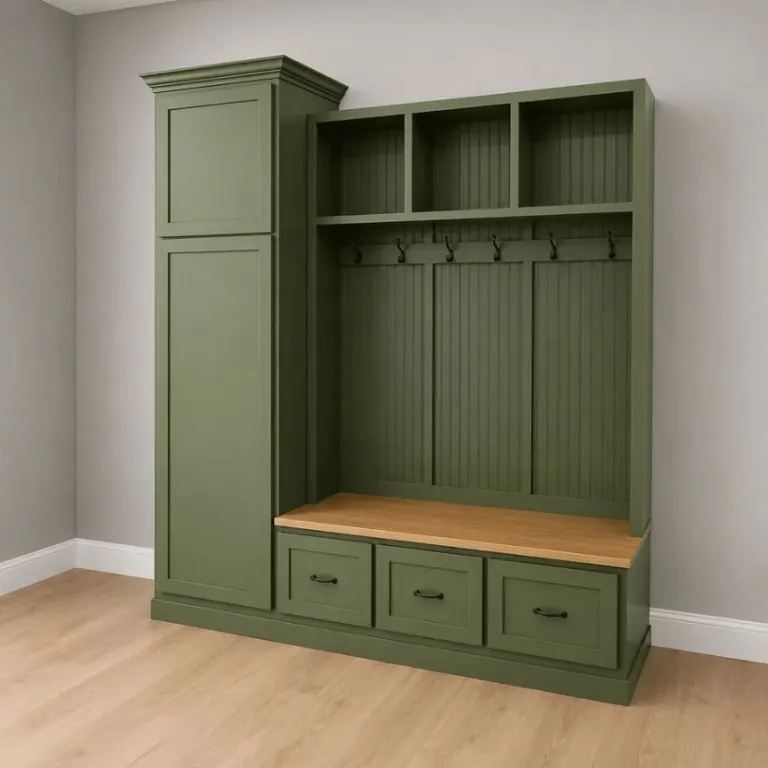 Hall Stand with Bench – Coat Hooks, Tall Cabinet, Green Finish