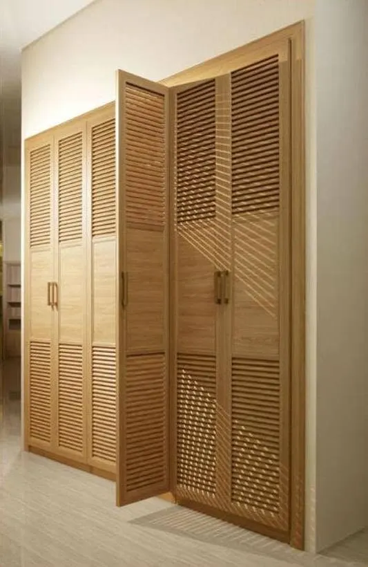 Wooden Louvred Hall Stand Cabinet – Natural Tone, Tall Doors